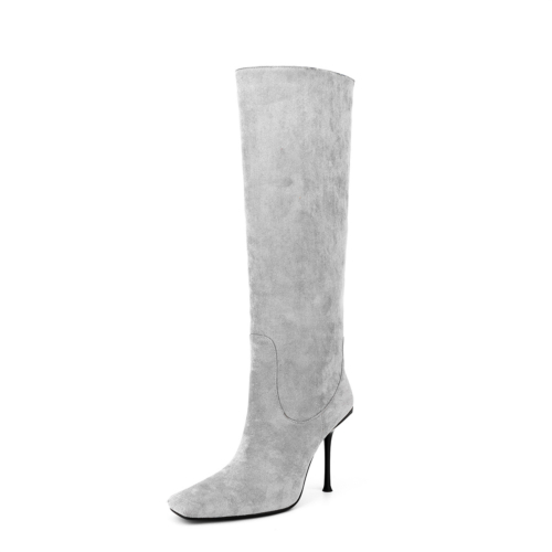 Women's Grey Suede Square Toe Knee High Heel Boots