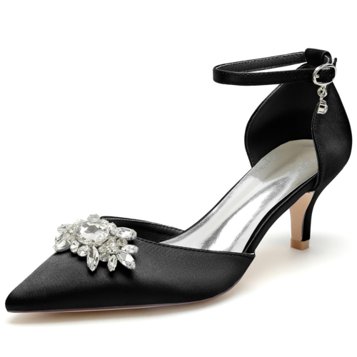Jeweled Kitten Heels D'orsay Pumps Wedding Satin Aankle Strap Shoes
