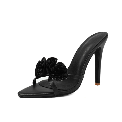 Black Jewelled Flower Slide Sandals Stiletto Heels Pointed Toe Dance Shoes