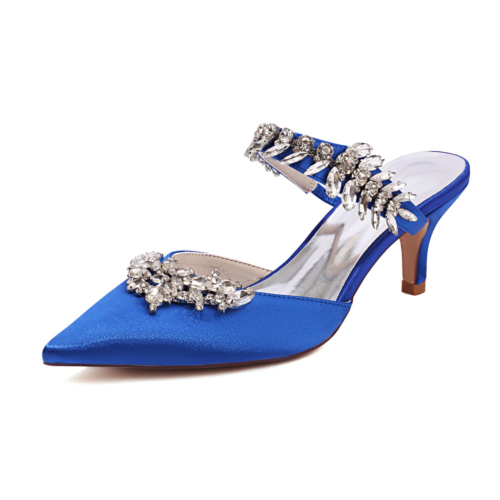Royal Blue Jewelled Satin Kitten Heel Mules Shoes Wedding Women Heels