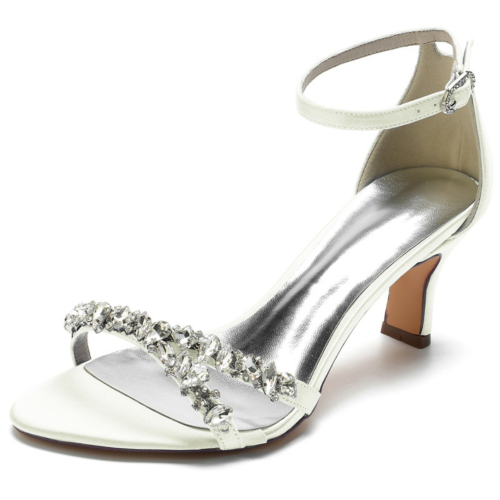 Ivory Jewelled Strap Ankle Strap Sandals Middle Heels Satin Wedding Shoes