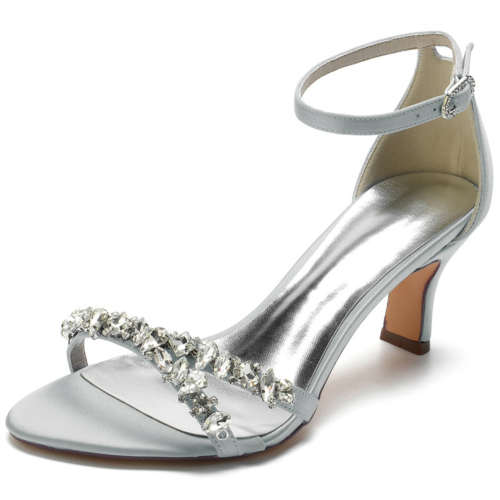 Grey Jewelled Strap Ankle Strap Sandals Middle Heels Satin Wedding Shoes