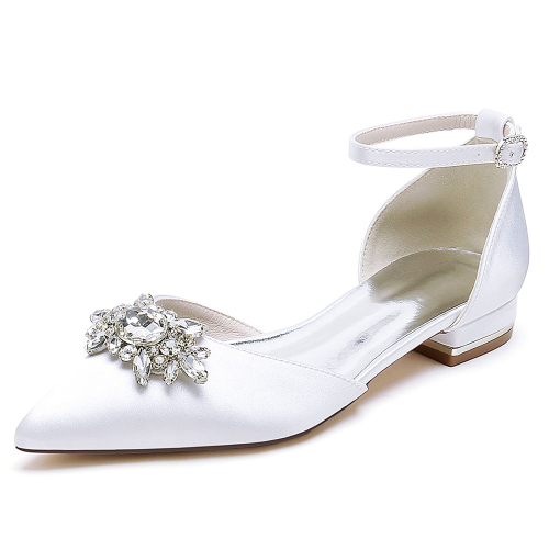 White Satin Pointed Toe Rhinestone Ankle Strap Flat Wedding Shoes