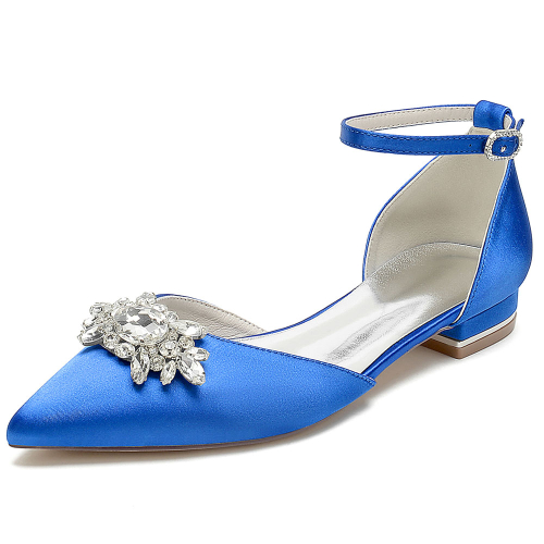 Royal Blue Satin Pointed Toe Rhinestone Ankle Strap Flat Wedding Shoes