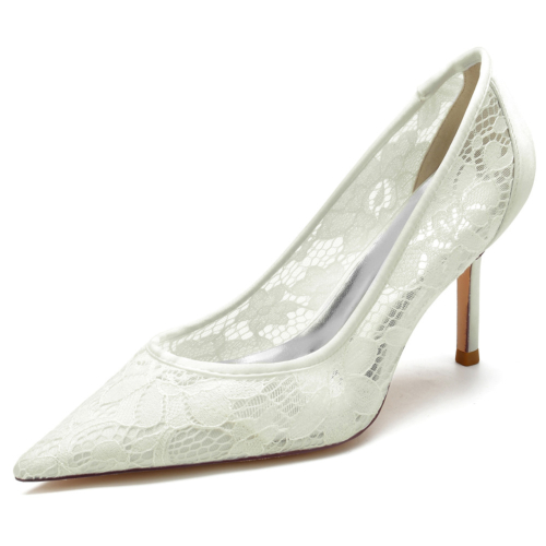 Ivory Lace Hollow Out Bridal Heels Pointed Toe Heeled Shoes