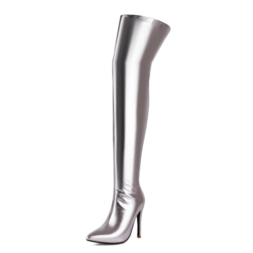 Silver Metallic Over The Knee Boots Stiletto High Heeled Back Zip Boots