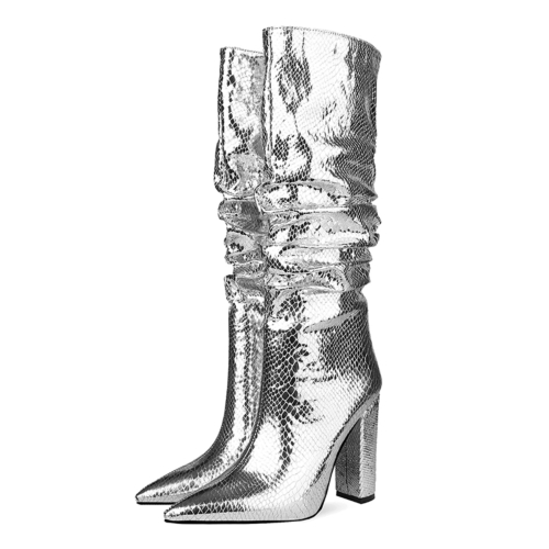Silver Metallic Snake Effect Slouchy Pointy Toe Knee High Boots