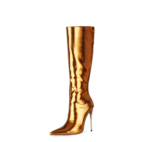 Golden Mirror Long Knee High Boots Metallic Stiletto Heel Shiny Dress Boots