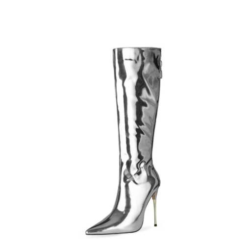 Silver Mirror Long Knee High Boots Metallic Stiletto Heel Shiny Dress Boots