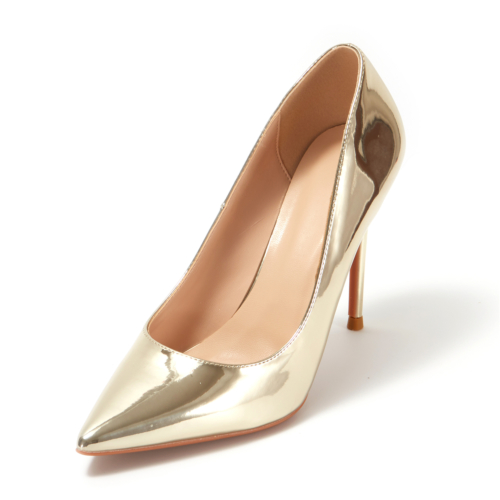 Golden Metallic Mirrored Patent Leather Pointed Toe Stiletto Heels Office Pumps