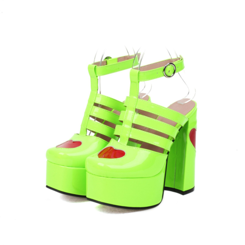 Neon Platform T-Strap Strappy Chunky High Heels Heart Backless Dress Shoes