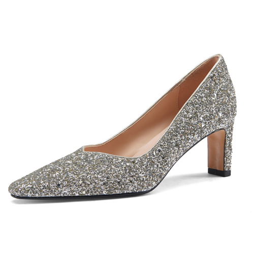 Glitter Bridal Block Heel Pumps Square Toe Sequined Shoes With Low Vamp