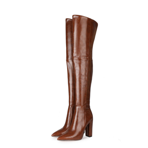 Textured Chunky Heel Pointed Slip-on Work Thigh High Boots