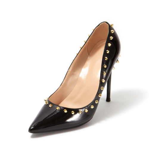 Black Patent Leather Rivets Stiletto Pumps Sexy Pointed Toe Work High Heels