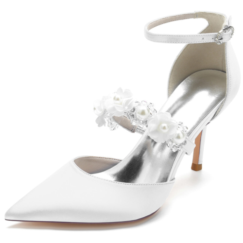 Pearl Embellished Strap D'orsay Pumps Satin Stiletto Heels For Wedding