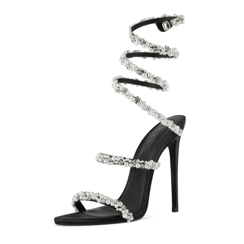 Black Ankle Wrap Dress Sandals Pearl Embellishments Stiletto Heels 100mm