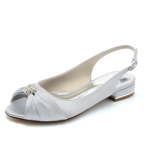 Silver Peep Toe Rhinestone Satin Slingback Flat Weddng Shoes