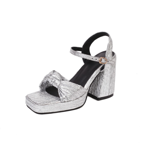 Silver Plisse Knot Platform Chunky Heels Ankle Strap Buckle Party Sandals