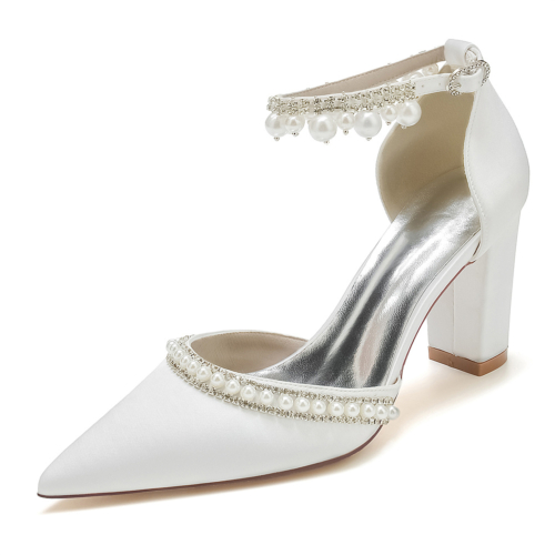 Pointed Toe Pearl Rhinestone Ankle Strap Chunky Hee Pumps Wedding Shoes