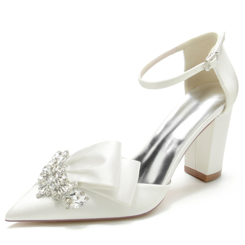 Ivory White Pointed Toe Rhinestone Bow Satin Ankle Strap Heels Sandals Wedding Shoes