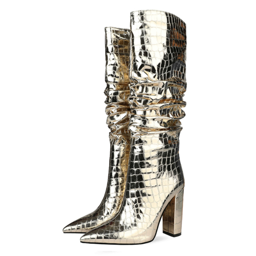 Golden Pointy Toe Crocodile-Print Block Heel Metallic Knee High Boots