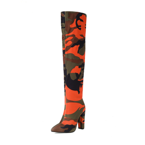 Camouflage Printed Block Heel Pull On Knee High Boots Stretch Boots With Pointy Toe