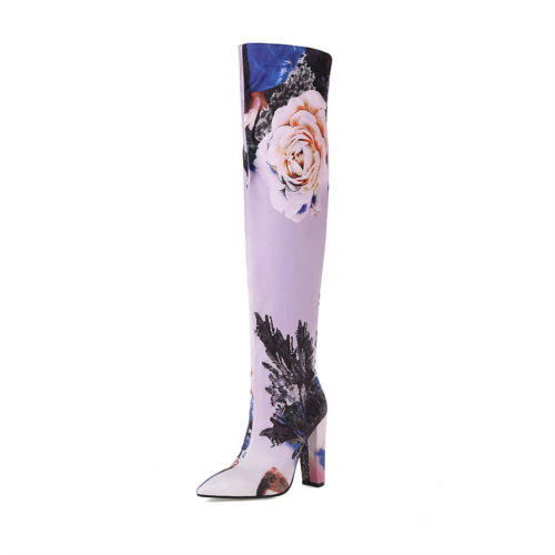 Purple Flower Printed Block Heel Pull On Knee High Boots Stretch Boots With Pointy Toe