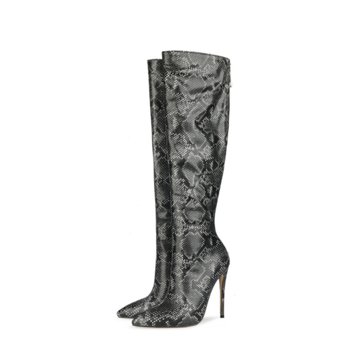Python Print Booties Stiletto Heeled Pointed Toe Knee High Boots