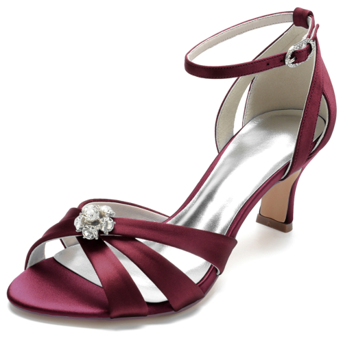 Burgundy Rhinestone Cut out Spool Heel Ankle Strap Sandal Wedding Shoes