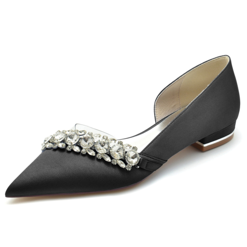 Black Rhinestone Embellished Clear Satin D'orsay Flats Shoes For Wedding