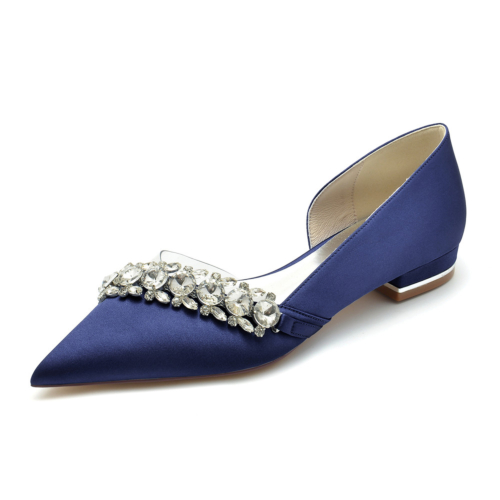 Navy Rhinestone Embellished Clear Satin D'orsay Flats Shoes For Wedding