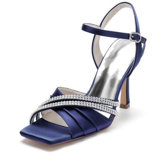 Navy Rhinestone Stain Ruffle Open Toe Stiletto Ankle Strap Sandals for Wedding