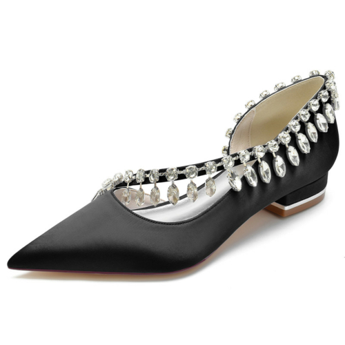 Black Rhinestone Cross Strap Satin Flats D'orsay Women's Shoes For Dance