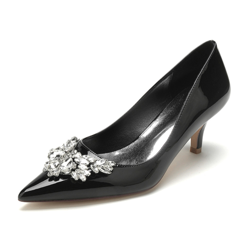 Black Rhinestones Embellished Pointy Toe Kitten Heel Bridal Pumps Shoes