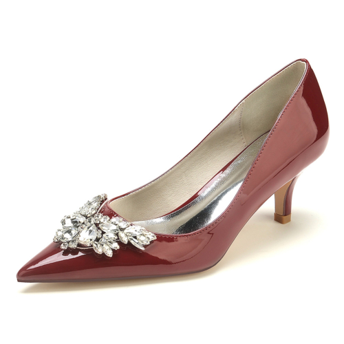 Burgundy Rhinestones Embellished Pointy Toe Kitten Heel Bridal Pumps Shoes