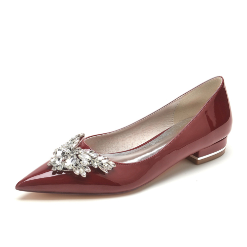 Burgundy Rhinestones Pointed Toe Slip On Pumps Flats Dresses Shoes for Party