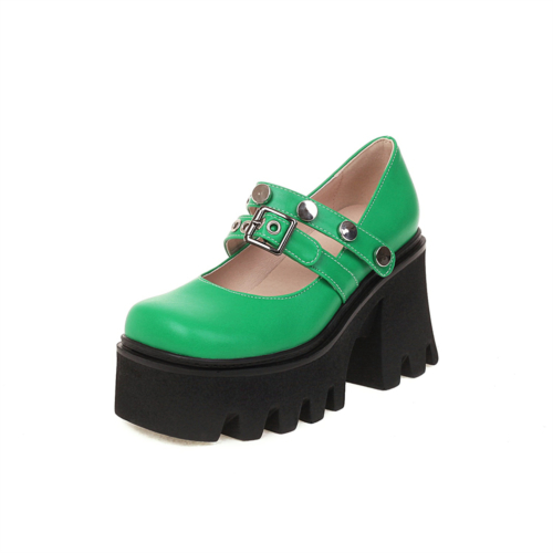 Green Rivet Platform Chunky Mary Jane Heels Double Strap Buckle Block Heel Y2K Shoes
