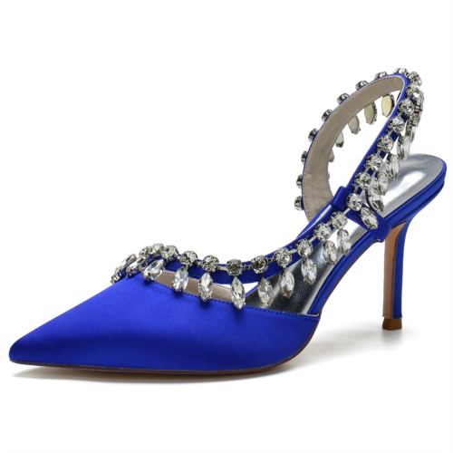 Royal Blue Satin slingback Rhinestone Pointy Toe Stiletto Heel Bridal Shoes
