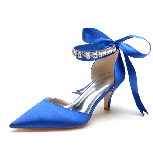 Satin Kitten Heel Pumps Bow D'orsay Shoes With Crystal Strap