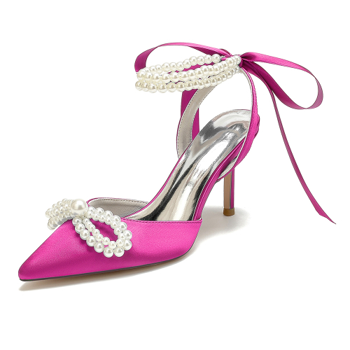 Magenta Satin Pearl Bow Pointed Toe Stiletto Heel Strappy Ankle Strap Wedding Sandals