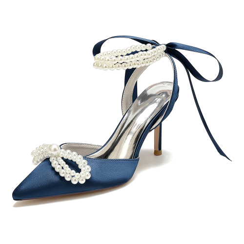 Navy Satin Pearl Bow Pointed Toe Stiletto Heel Strappy Ankle Strap Wedding Sandals