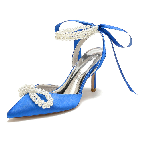 Royal Blue Satin Pearl Bow Pointed Toe Stiletto Heel Strappy Ankle Strap Wedding Sandals