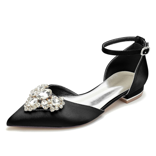 Black Satin Pointed Toe Flat Ankle Strap Wedding Shoes