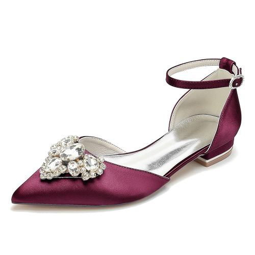 Burgundy Satin Pointed Toe Flat Ankle Strap Wedding Shoes