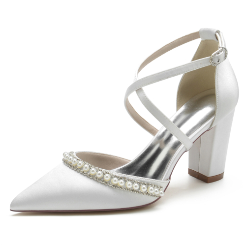 Satin Pointed Toe Pearl Jewelry Cross Strappy Chunky Heel Pumps