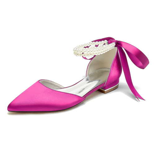 Magenta Satin Pointed Toe Pearl Strap Lace up Wedding Flats
