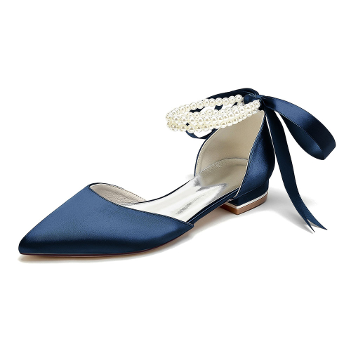 Navy Satin Pointed Toe Pearl Strap Lace up Wedding Flats