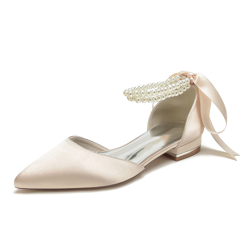 Champagne Satin Pointed Toe Pearl Strap Lace up Wedding Flats
