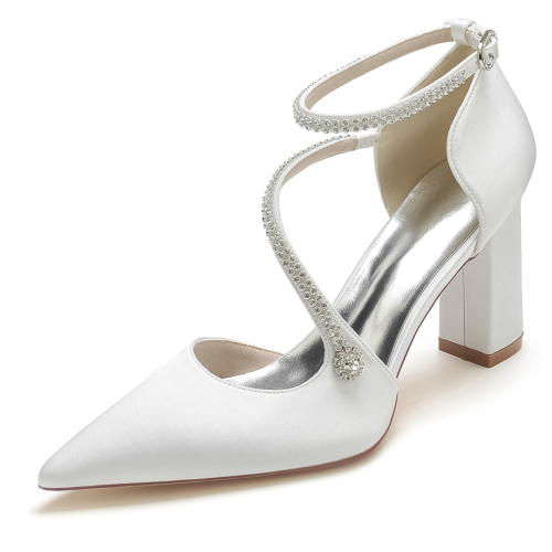 Satin Pointed Toe Rhinestone Ankle Strap Heels Wedding Shoes