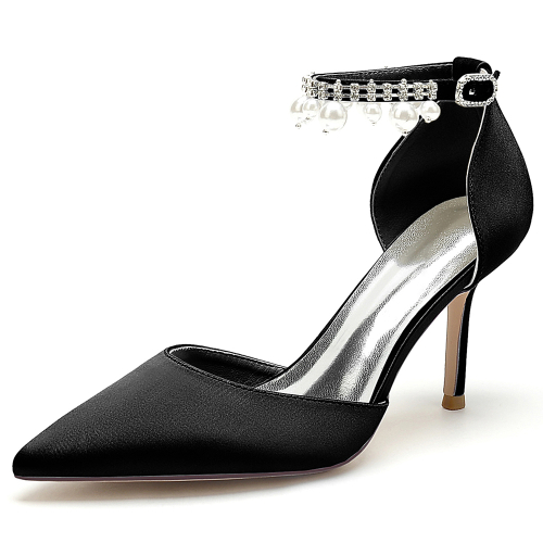 Black Satin Pointed Toe Stiletto Heel Pearl Tassle Ankle Strap Pumps Wedding Shoes